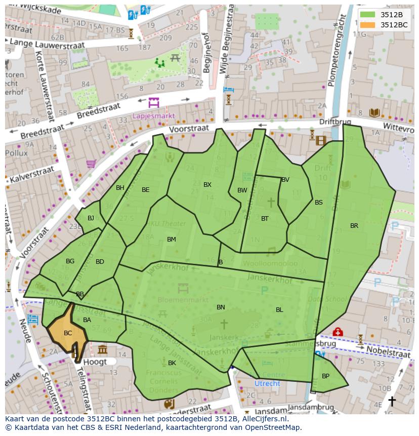 Afbeelding van het postcodegebied 3512 BC op de kaart.