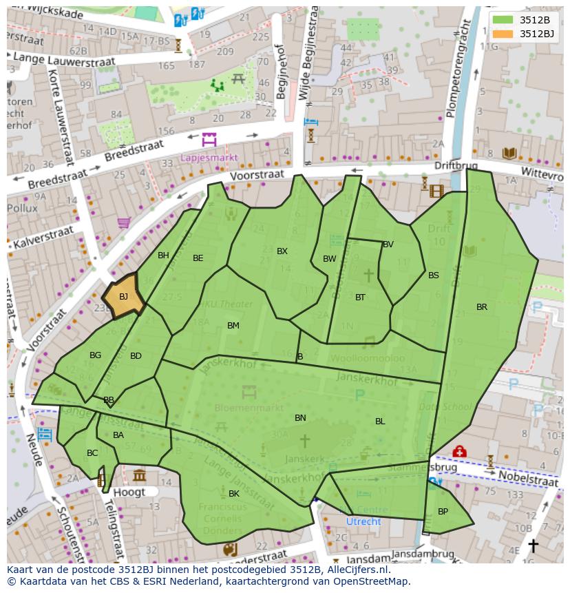 Afbeelding van het postcodegebied 3512 BJ op de kaart.