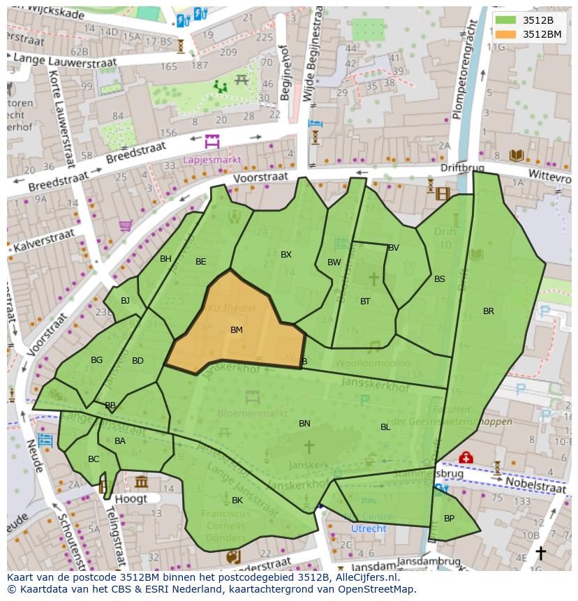 Afbeelding van het postcodegebied 3512 BM op de kaart.