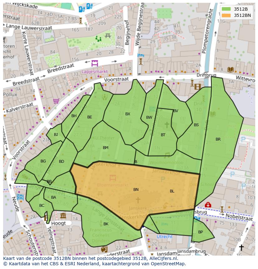 Afbeelding van het postcodegebied 3512 BN op de kaart.
