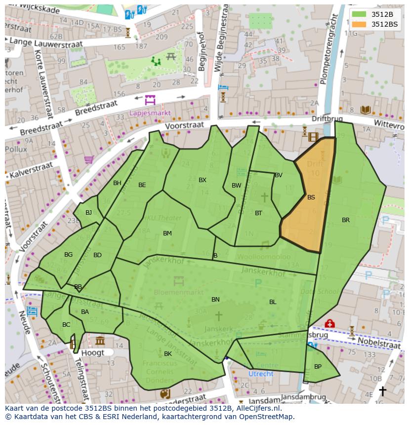 Afbeelding van het postcodegebied 3512 BS op de kaart.