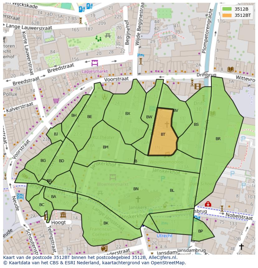 Afbeelding van het postcodegebied 3512 BT op de kaart.