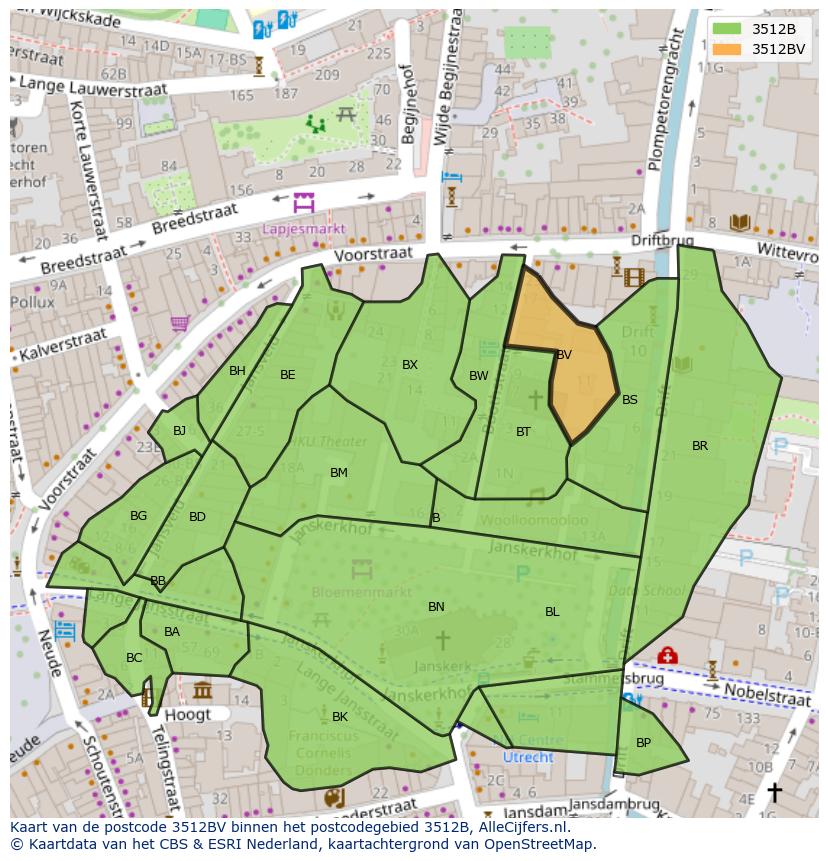 Afbeelding van het postcodegebied 3512 BV op de kaart.