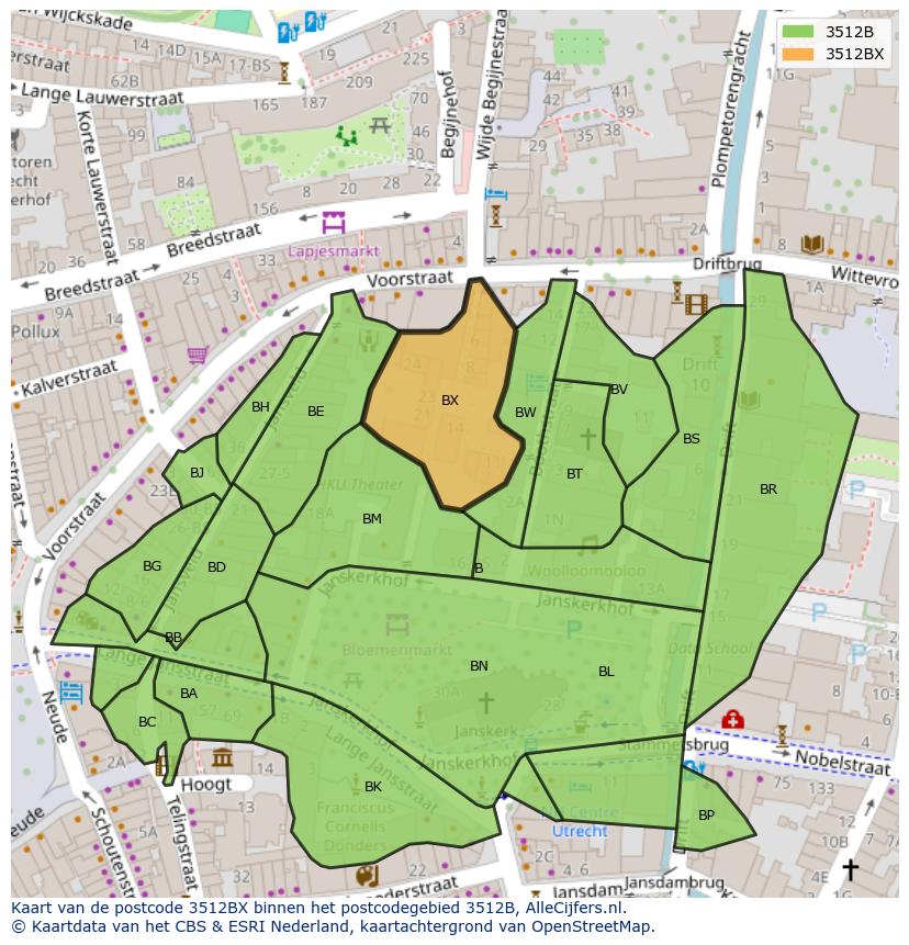 Afbeelding van het postcodegebied 3512 BX op de kaart.