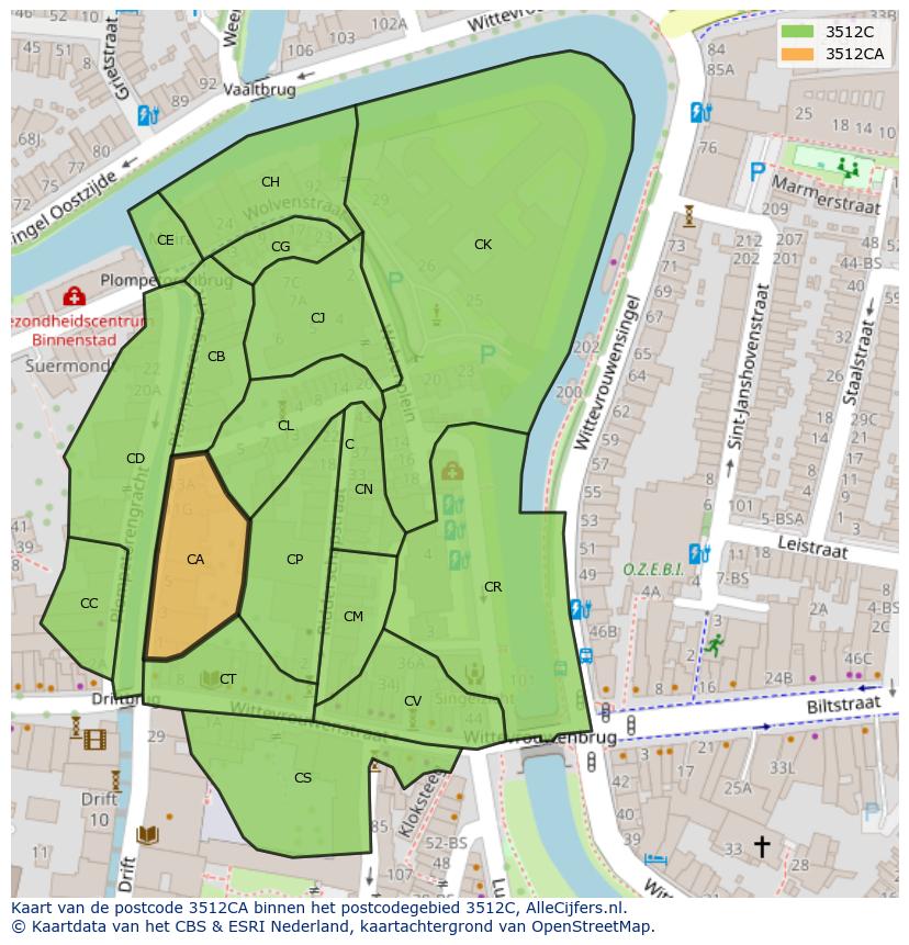 Afbeelding van het postcodegebied 3512 CA op de kaart.