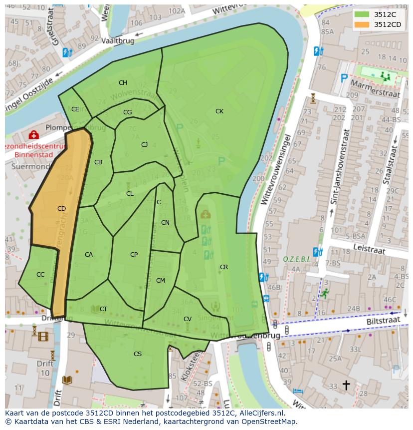 Afbeelding van het postcodegebied 3512 CD op de kaart.