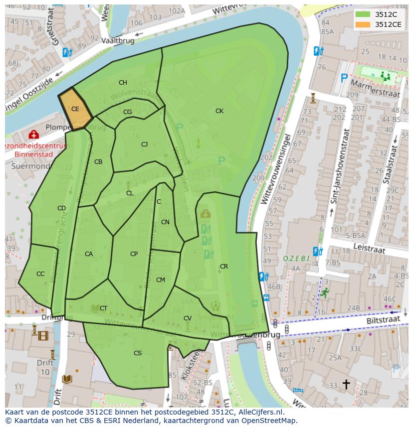 Afbeelding van het postcodegebied 3512 CE op de kaart.