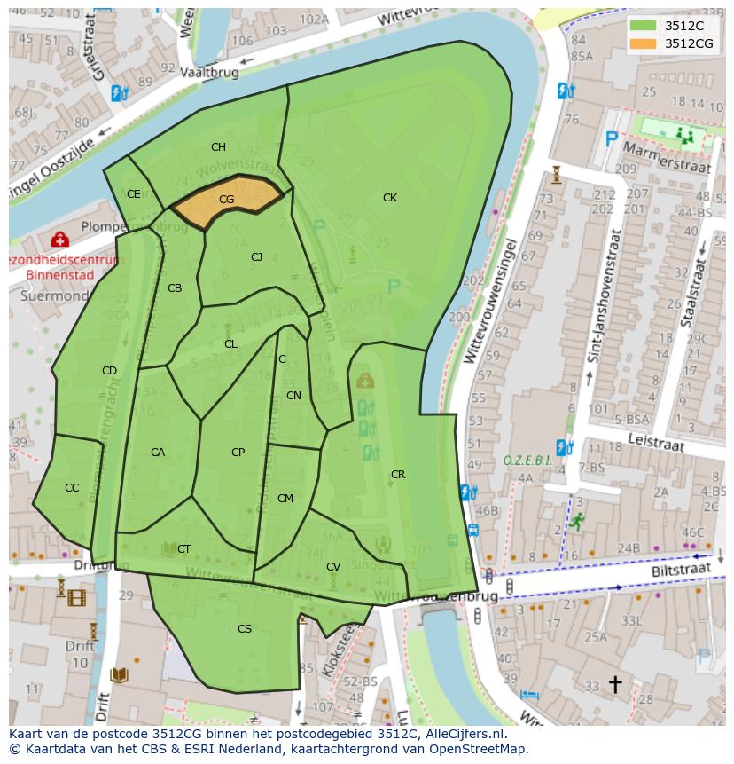 Afbeelding van het postcodegebied 3512 CG op de kaart.