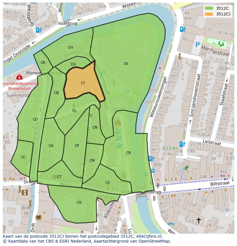 Afbeelding van het postcodegebied 3512 CJ op de kaart.