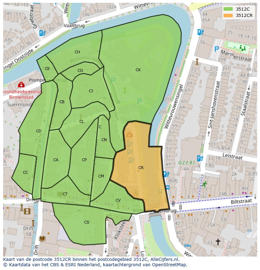 Afbeelding van het postcodegebied 3512 CR op de kaart.
