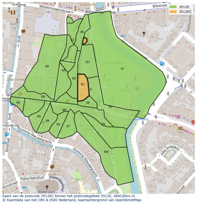 Afbeelding van het postcodegebied 3512 EC op de kaart.