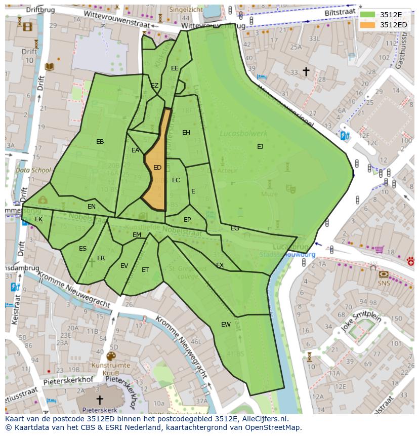 Afbeelding van het postcodegebied 3512 ED op de kaart.