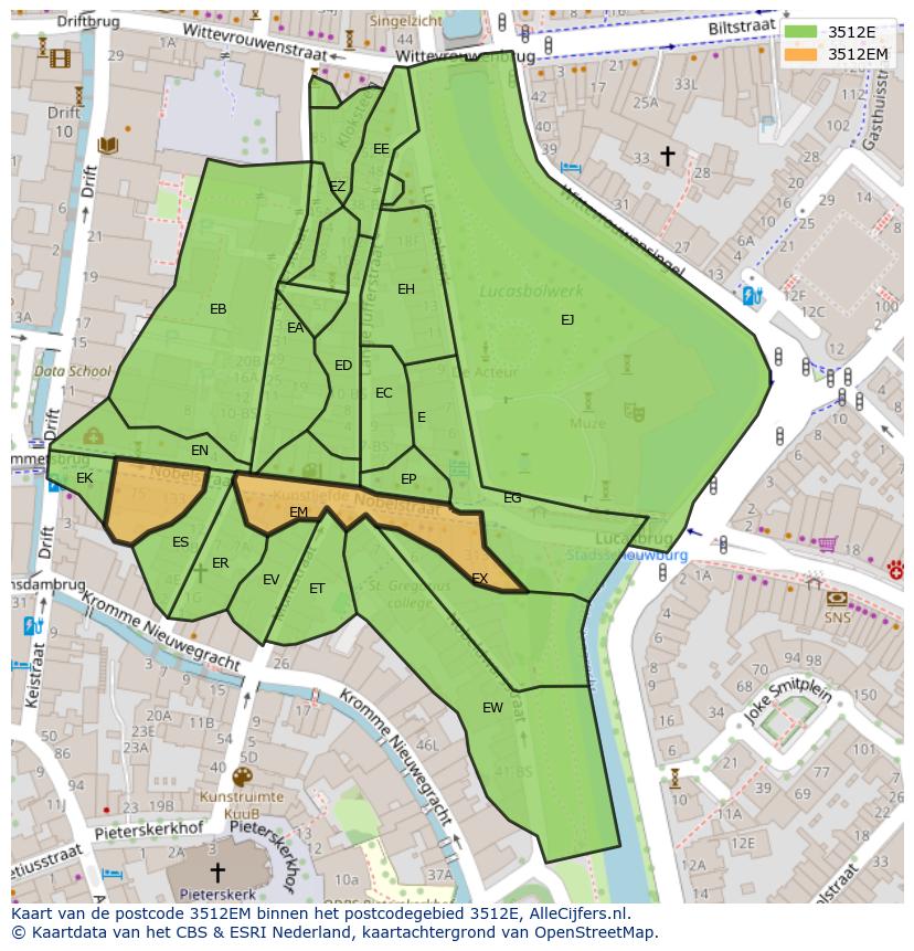 Afbeelding van het postcodegebied 3512 EM op de kaart.