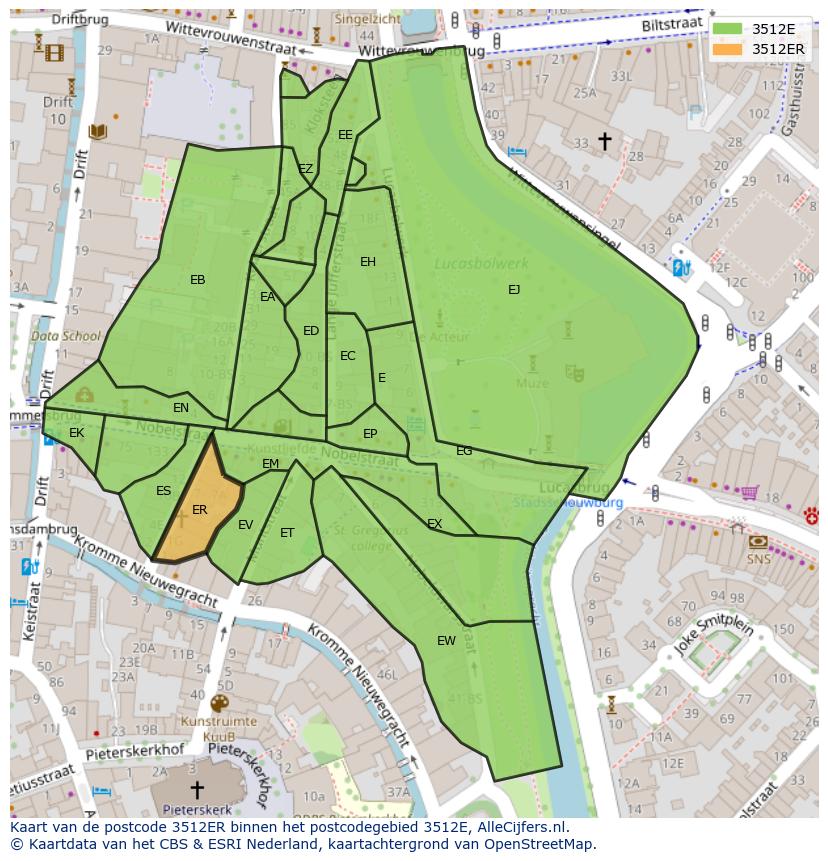 Afbeelding van het postcodegebied 3512 ER op de kaart.