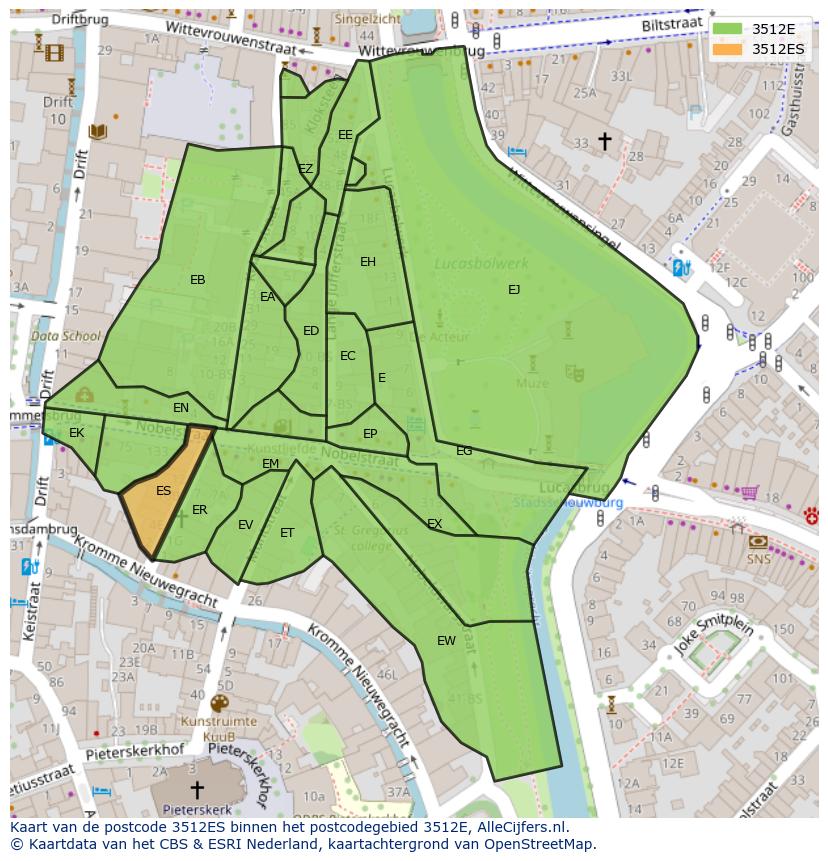 Afbeelding van het postcodegebied 3512 ES op de kaart.