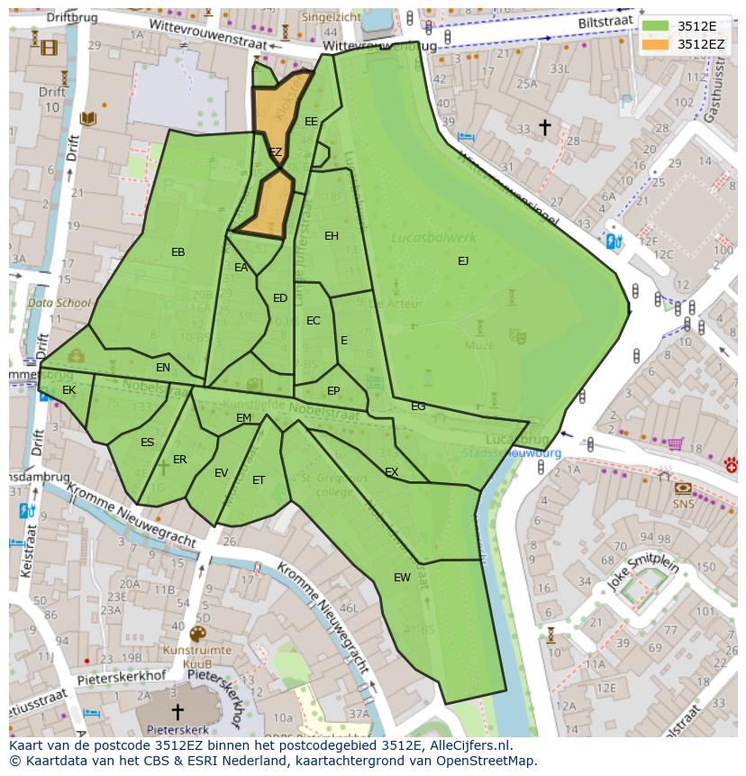 Afbeelding van het postcodegebied 3512 EZ op de kaart.