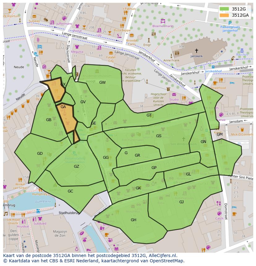 Afbeelding van het postcodegebied 3512 GA op de kaart.