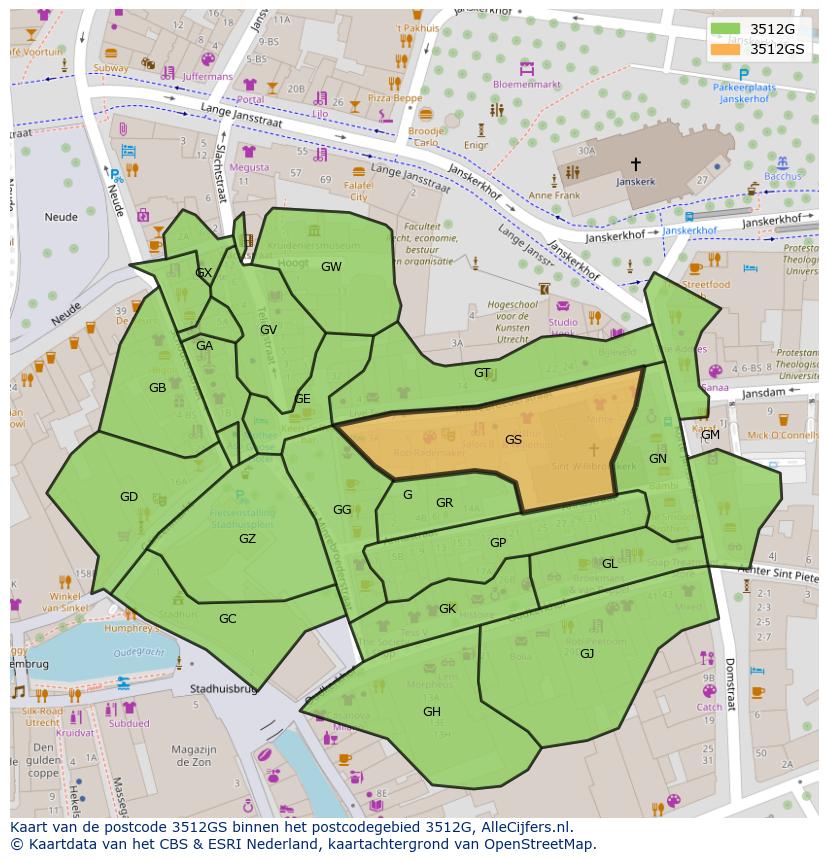 Afbeelding van het postcodegebied 3512 GS op de kaart.
