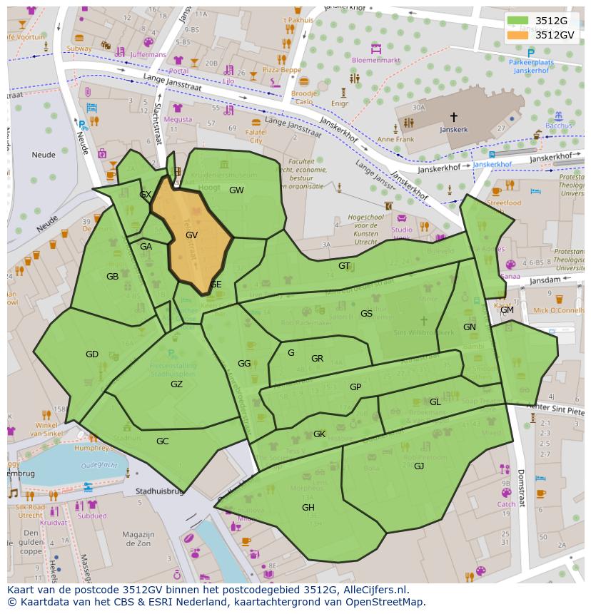 Afbeelding van het postcodegebied 3512 GV op de kaart.