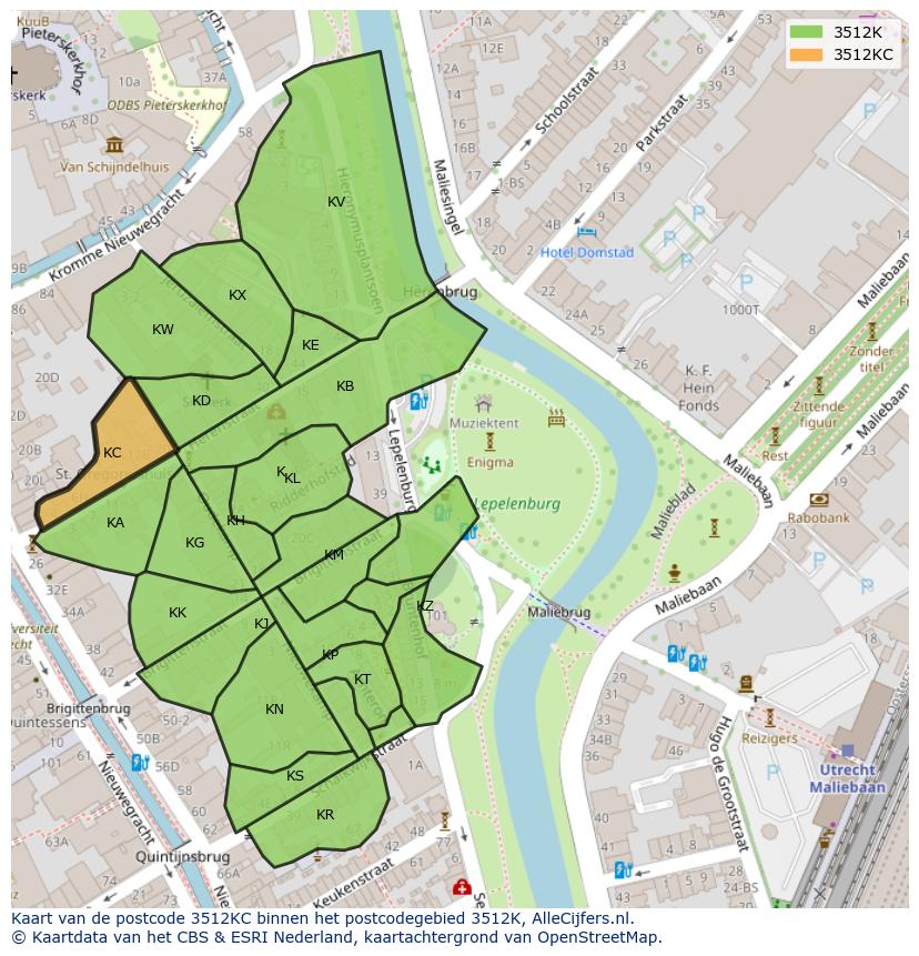 Afbeelding van het postcodegebied 3512 KC op de kaart.