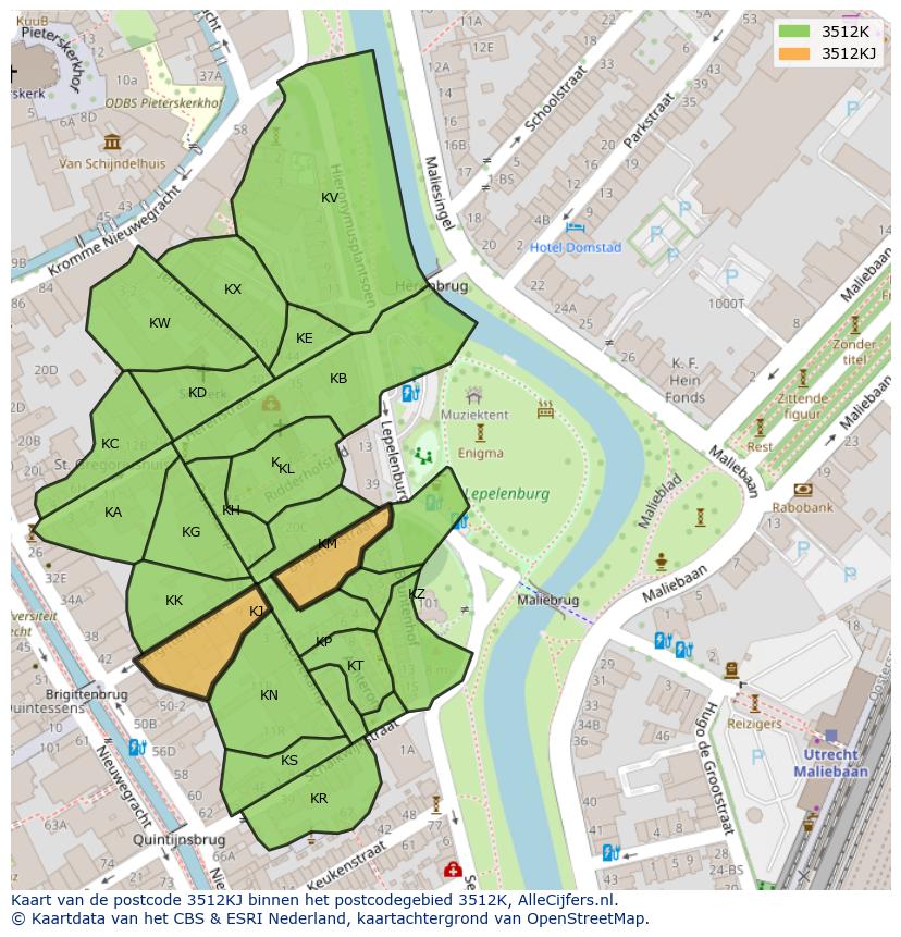 Afbeelding van het postcodegebied 3512 KJ op de kaart.