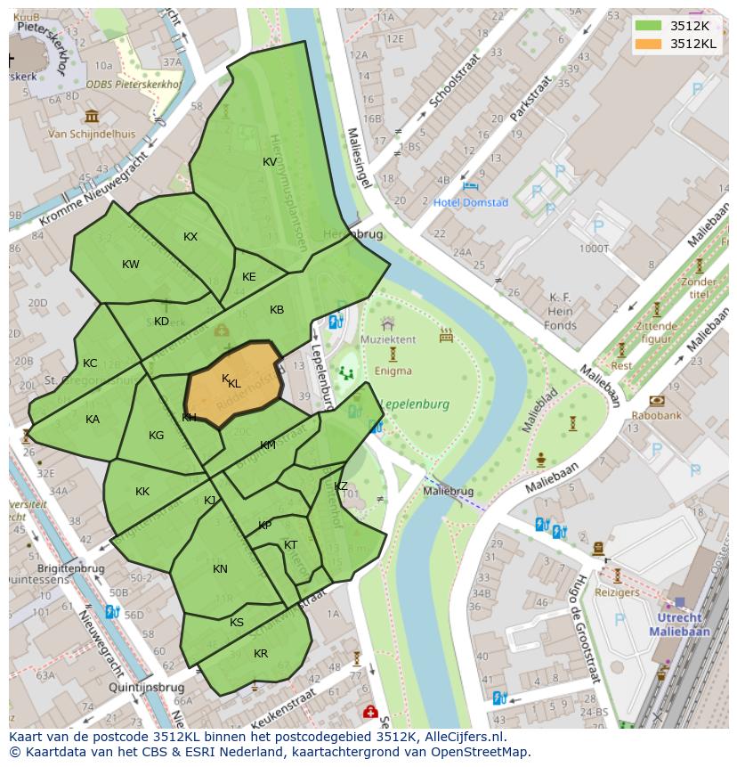Afbeelding van het postcodegebied 3512 KL op de kaart.