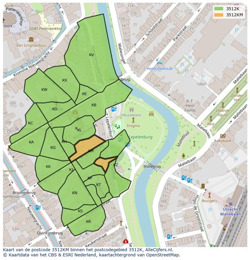 Afbeelding van het postcodegebied 3512 KM op de kaart.