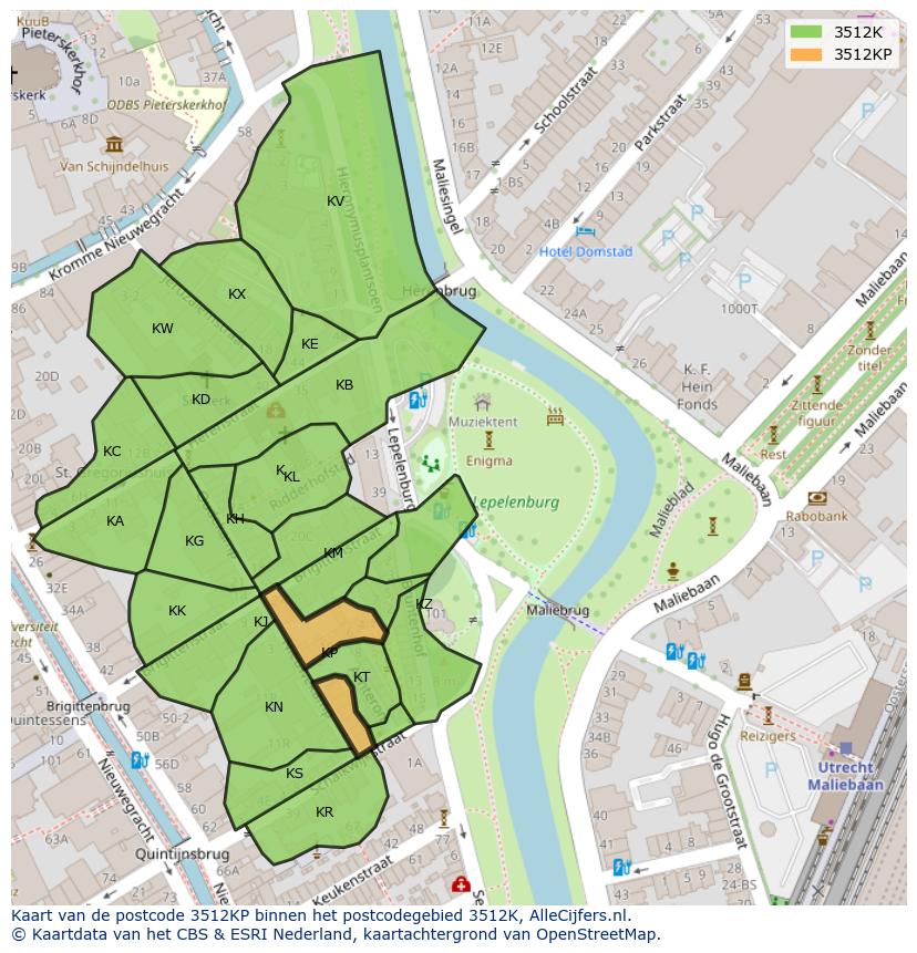 Afbeelding van het postcodegebied 3512 KP op de kaart.