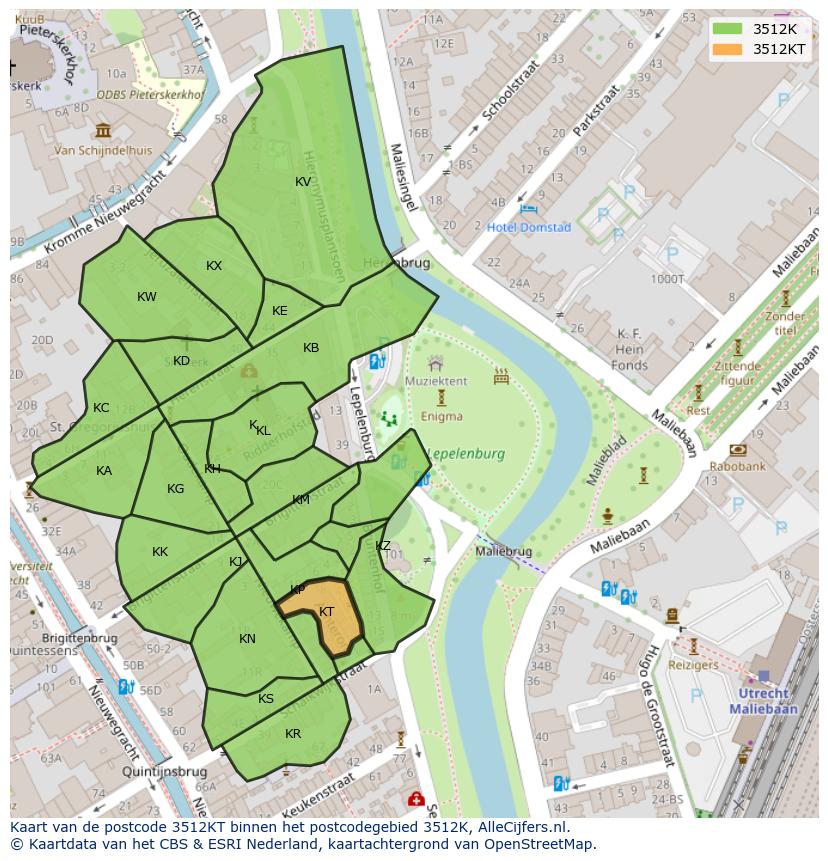 Afbeelding van het postcodegebied 3512 KT op de kaart.