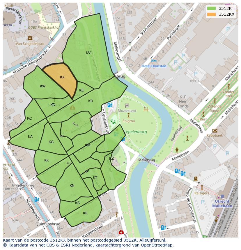 Afbeelding van het postcodegebied 3512 KX op de kaart.