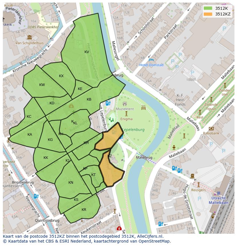 Afbeelding van het postcodegebied 3512 KZ op de kaart.