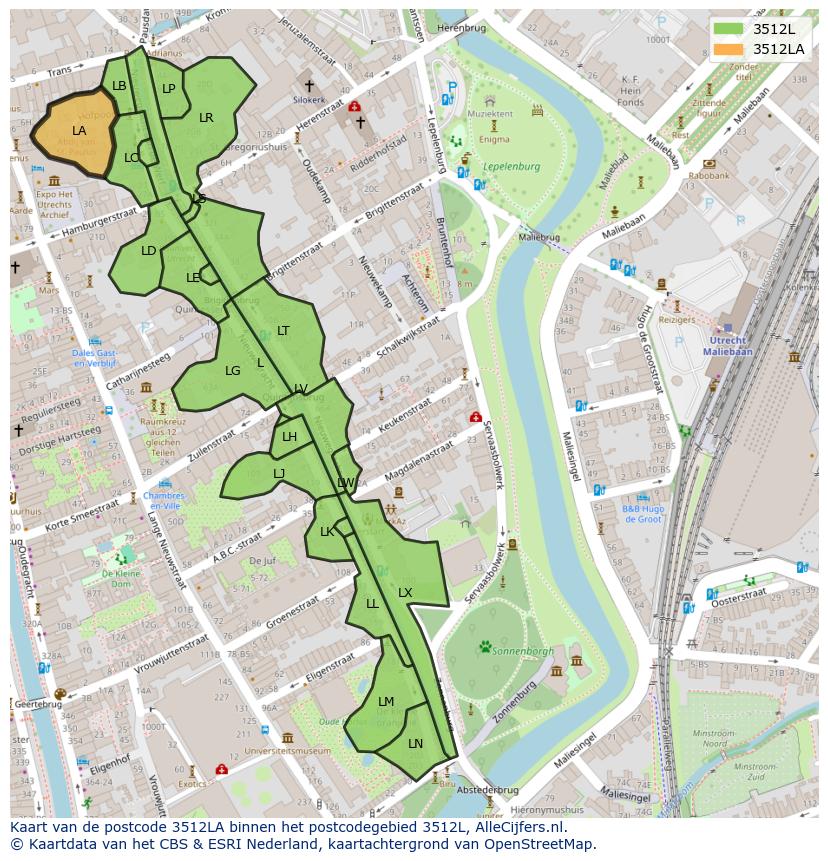 Afbeelding van het postcodegebied 3512 LA op de kaart.