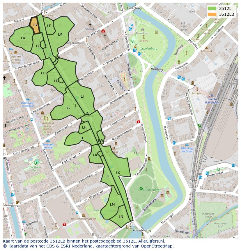 Afbeelding van het postcodegebied 3512 LB op de kaart.