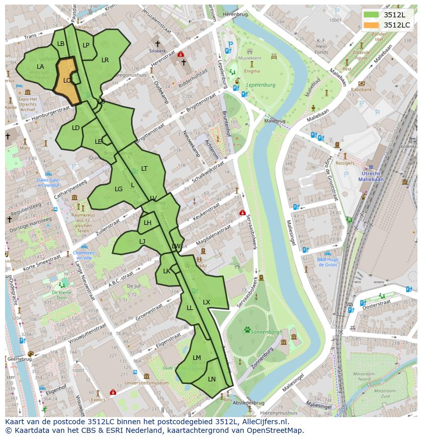 Afbeelding van het postcodegebied 3512 LC op de kaart.