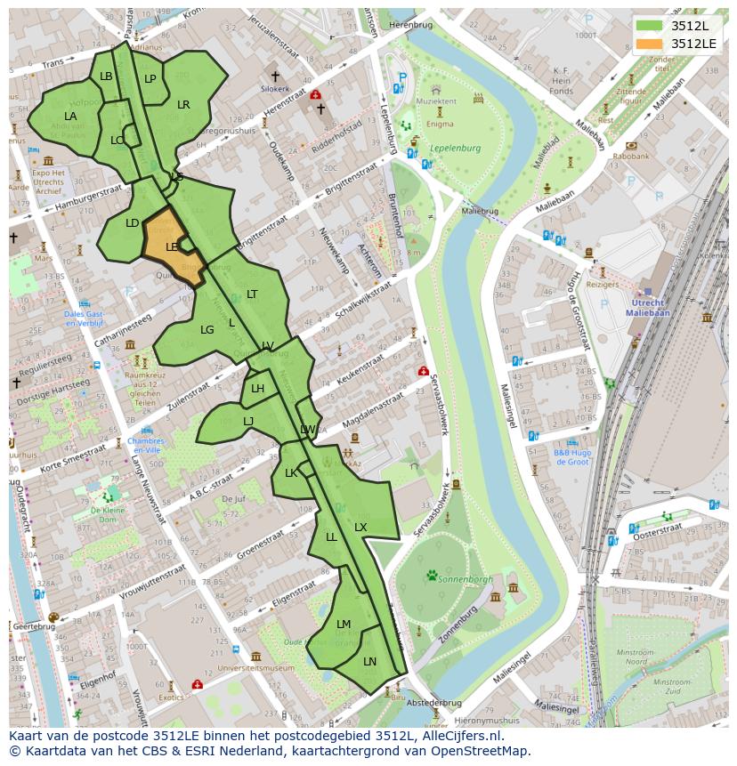Afbeelding van het postcodegebied 3512 LE op de kaart.