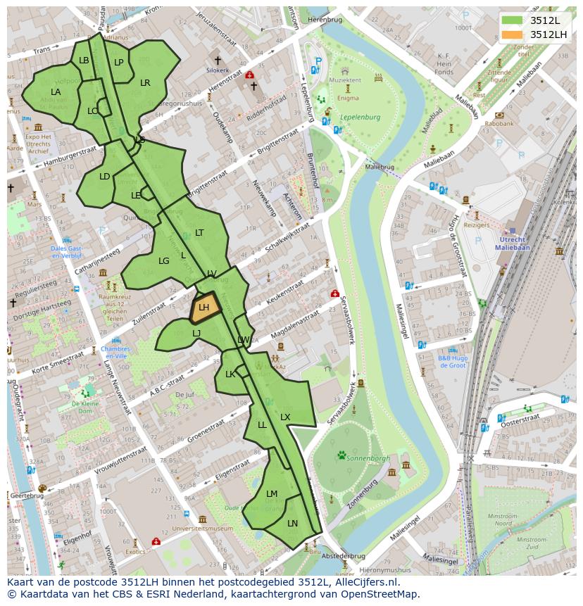 Afbeelding van het postcodegebied 3512 LH op de kaart.