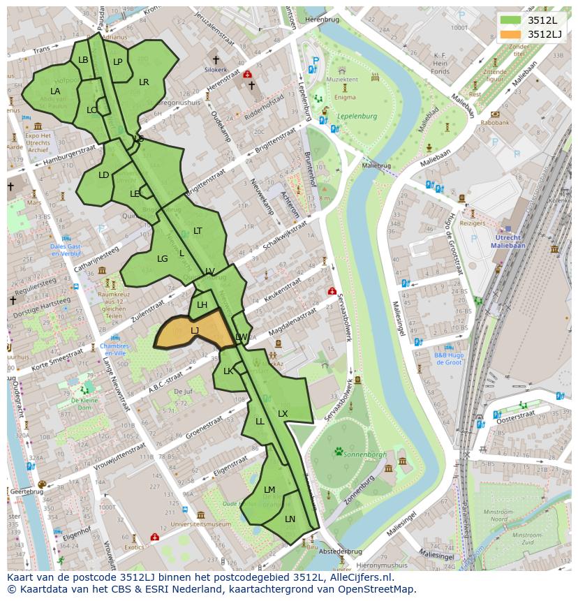 Afbeelding van het postcodegebied 3512 LJ op de kaart.
