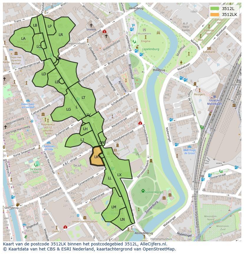 Afbeelding van het postcodegebied 3512 LK op de kaart.