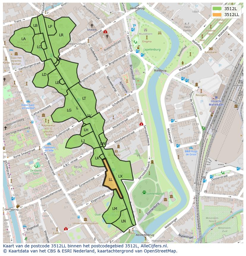 Afbeelding van het postcodegebied 3512 LL op de kaart.
