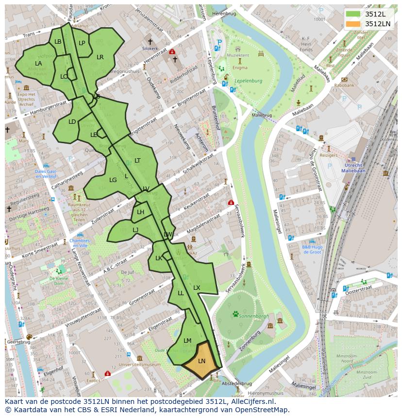 Afbeelding van het postcodegebied 3512 LN op de kaart.