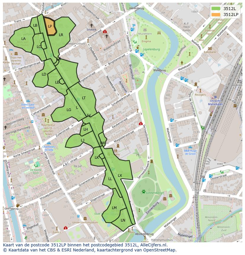 Afbeelding van het postcodegebied 3512 LP op de kaart.