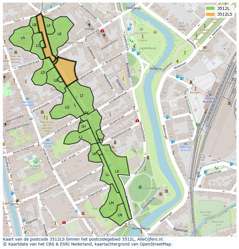 Afbeelding van het postcodegebied 3512 LS op de kaart.