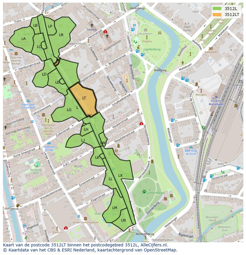 Afbeelding van het postcodegebied 3512 LT op de kaart.