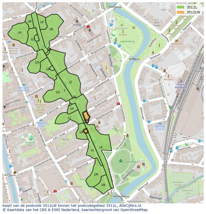 Afbeelding van het postcodegebied 3512 LW op de kaart.