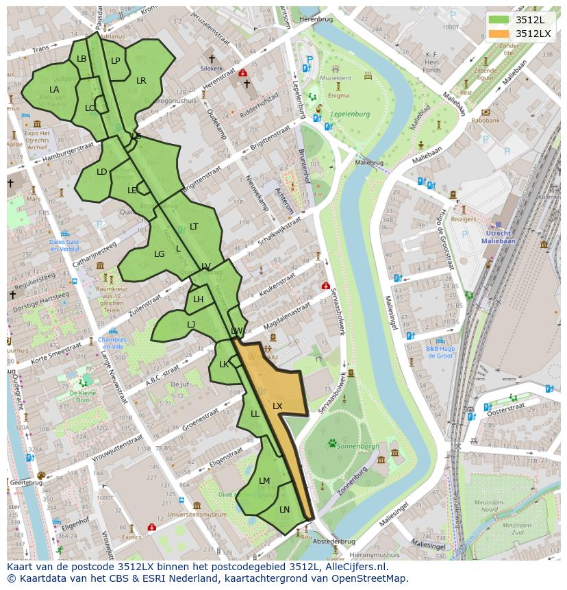 Afbeelding van het postcodegebied 3512 LX op de kaart.