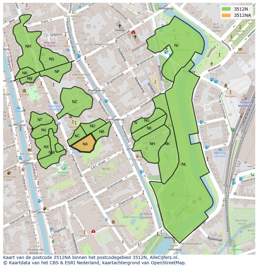 Afbeelding van het postcodegebied 3512 NA op de kaart.