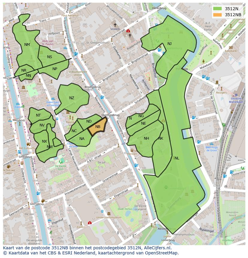 Afbeelding van het postcodegebied 3512 NB op de kaart.