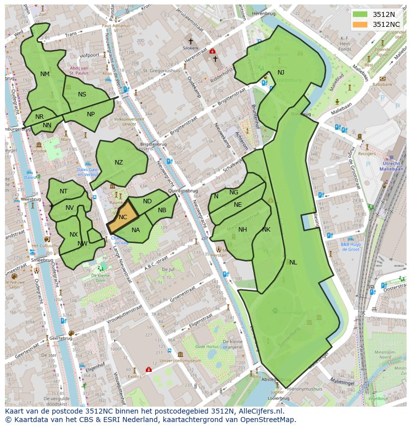 Afbeelding van het postcodegebied 3512 NC op de kaart.