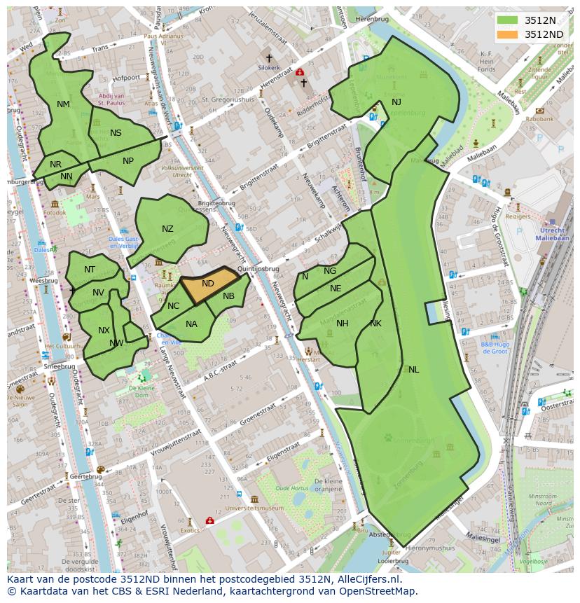 Afbeelding van het postcodegebied 3512 ND op de kaart.