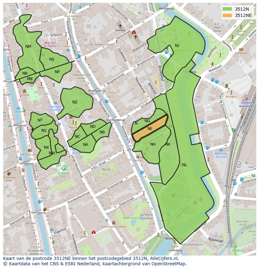 Afbeelding van het postcodegebied 3512 NE op de kaart.